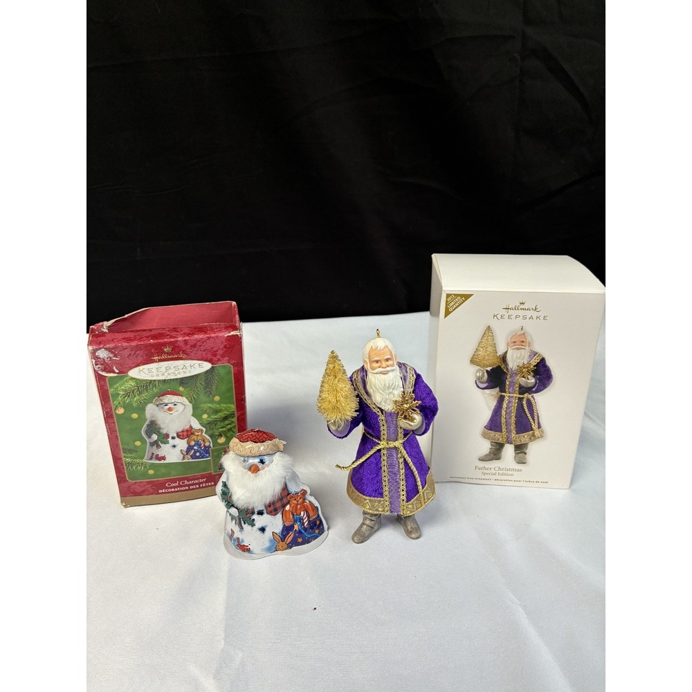 Hallmark 2012 Father Christmas Purple Ornament & 2000 Cool Character Snowman Set